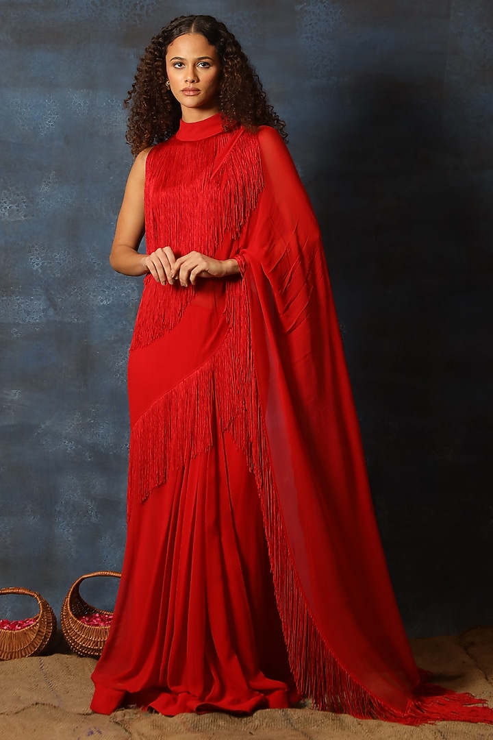 Red Georgette Wedding Saree Set by Swatee Singh at Pernia's Pop Up Shop