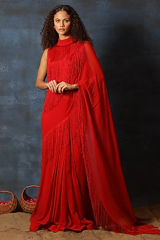 Red Georgette Saree Set by Swatee Singh