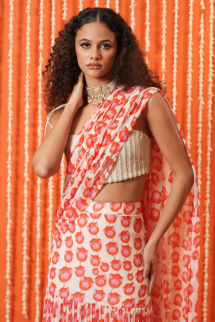 Off-White Georgette Digital Printed Pre-Stitched Party Wear Saree Set by Swatee Singh at Pernia's Pop Up Shop
