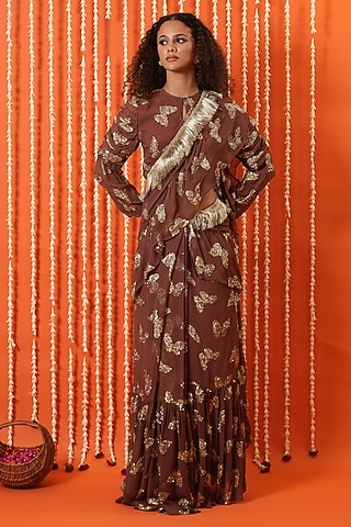 Mud Brown & Gold Georgette Pre-Stitched Saree Set by Swatee Singh