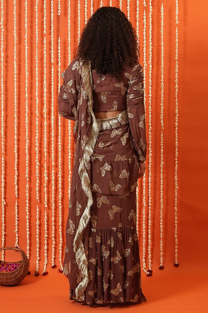 Mud Brown & Gold Georgette Pre-Stitched Party Wear Saree Set by Swatee Singh at Pernia's Pop Up Shop