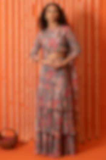 Grey Georgette Floral Printed Pre-Stitched Wedding Saree Set by Swatee Singh at Pernia's Pop Up Shop