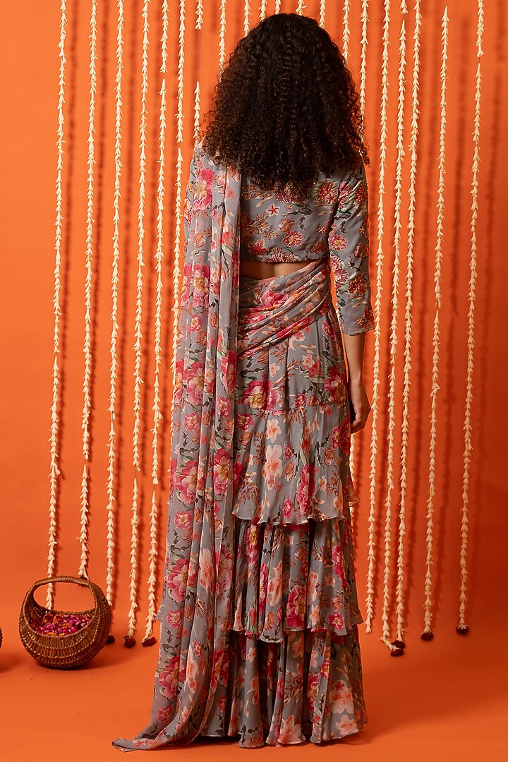 Grey Georgette Floral Printed Pre-Stitched Wedding Saree Set by Swatee Singh at Pernia's Pop Up Shop