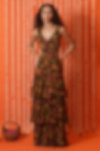 Olive Green Georgette Digital Printed Tiered Vacation Dress by Swatee Singh at Pernia's Pop Up Shop