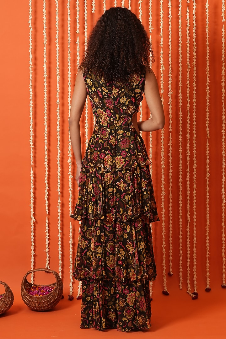 Olive Green Georgette Digital Printed Tiered Vacation Dress by Swatee Singh at Pernia's Pop Up Shop