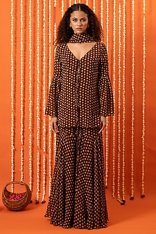 Brown Georgette Digital Printed Kurta Set by Swatee Singh