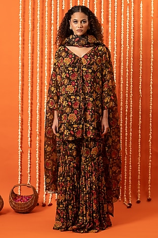 Olive Green Georgette Digital Printed Kurta Set by Swatee Singh