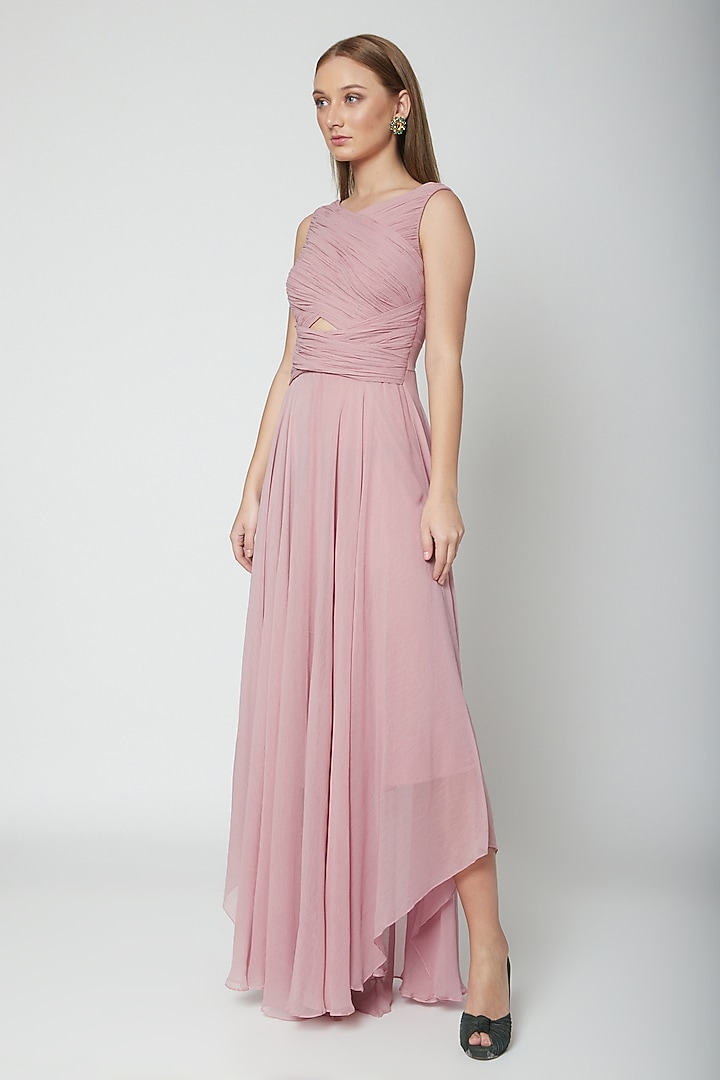 Blush Pink Asymmetric Pleated Gown by Swatee Singh at Pernia's Pop Up Shop