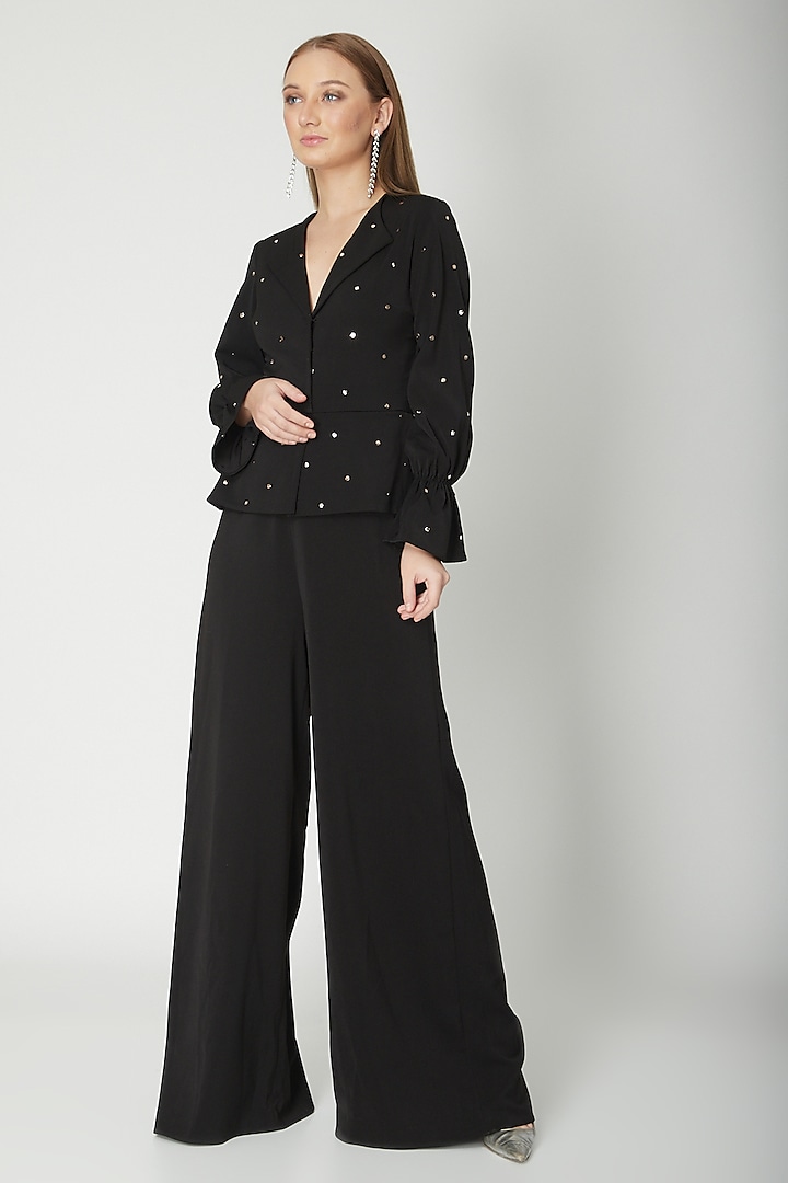 Black Embroidered Peplum Jumpsuit by Swatee Singh at Pernia's Pop Up Shop