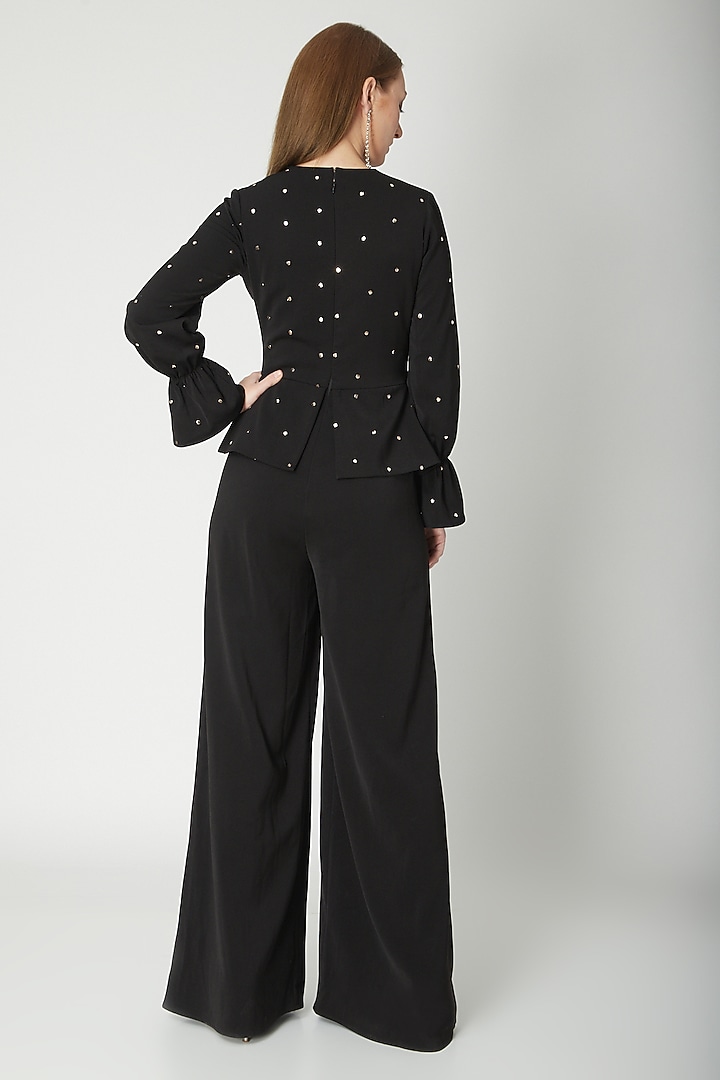 Black Embroidered Peplum Jumpsuit by Swatee Singh at Pernia's Pop Up Shop