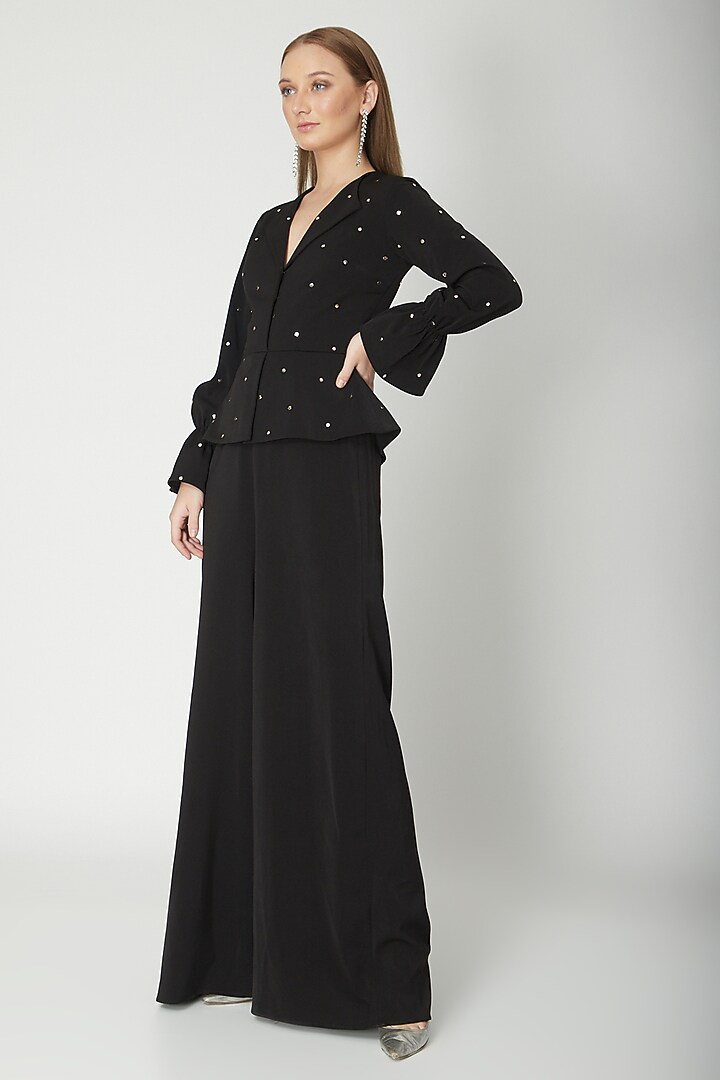 Black Embroidered Peplum Jumpsuit by Swatee Singh at Pernia's Pop Up Shop