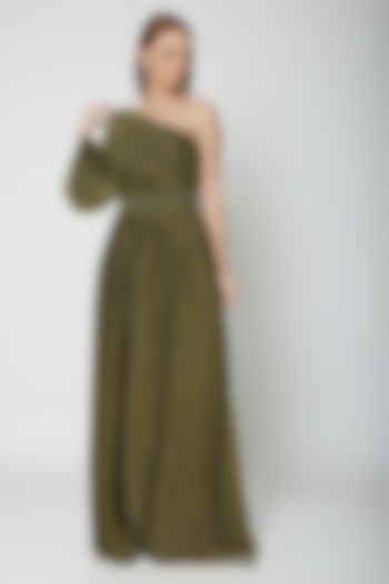 Olive Green & Gold Draped Metallic Gown by Swatee Singh