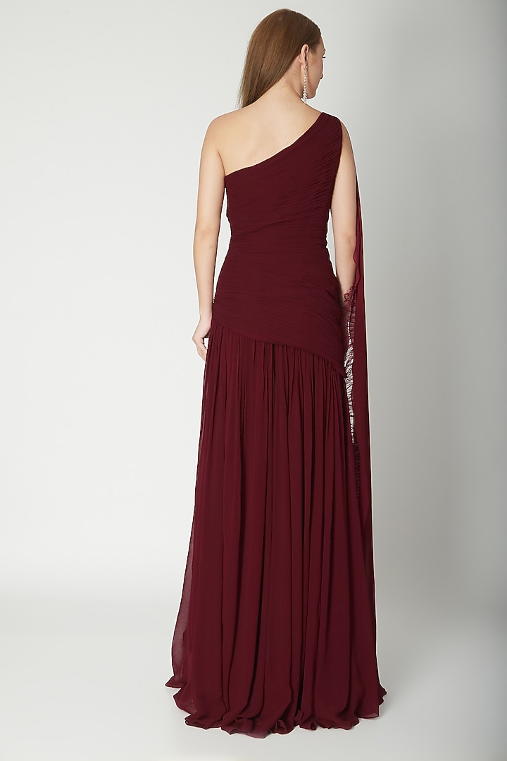 Maroon One Shoulder Draped Gown by Swatee Singh at Pernia's Pop Up Shop