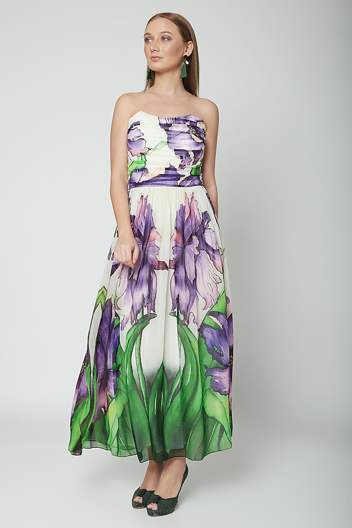 Purple Printed Tube Vacation Dress by Swatee Singh at Pernia's Pop Up Shop