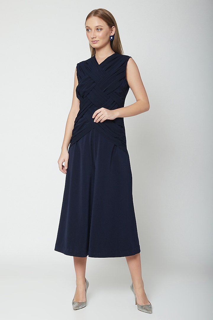 Midnight Blue Pleated Jumpsuit by Swatee Singh