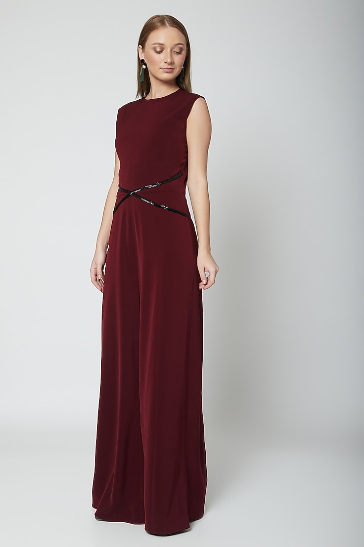 Maroon Hand Embroidered Jumpsuit by Swatee Singh at Pernia's Pop Up Shop