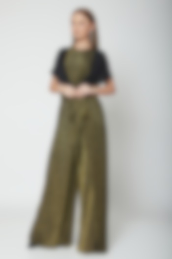 Olive Green & Gold Round Neck Draped Jumpsuit by Swatee Singh