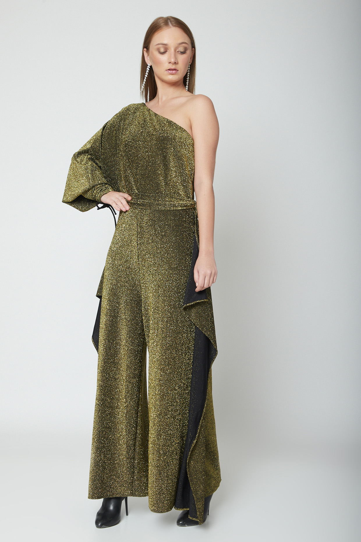 gold one shoulder jumpsuit