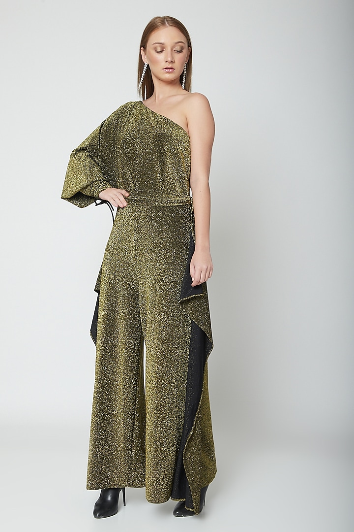 Olive Green & Gold One Shoulder Jumpsuit by Swatee Singh