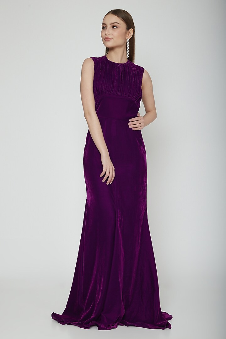 Purple Pleated Fit & Flare Engagement Gown by Swatee Singh at Pernia's Pop Up Shop