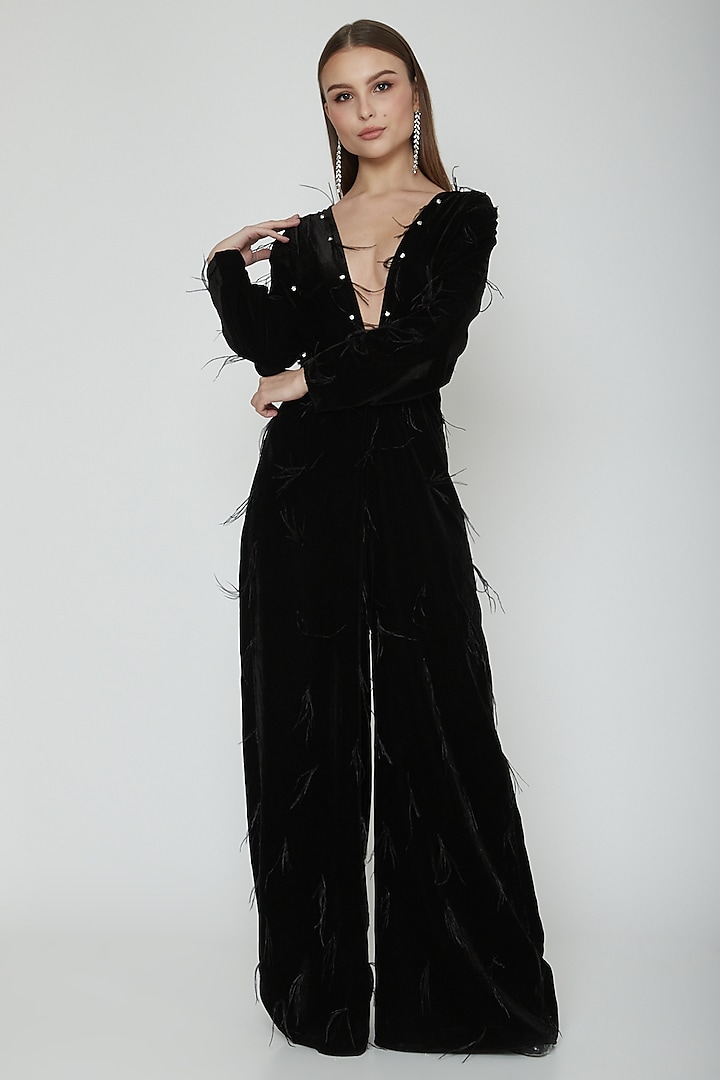 Black Feather Embellished Jumpsuit by Swatee Singh