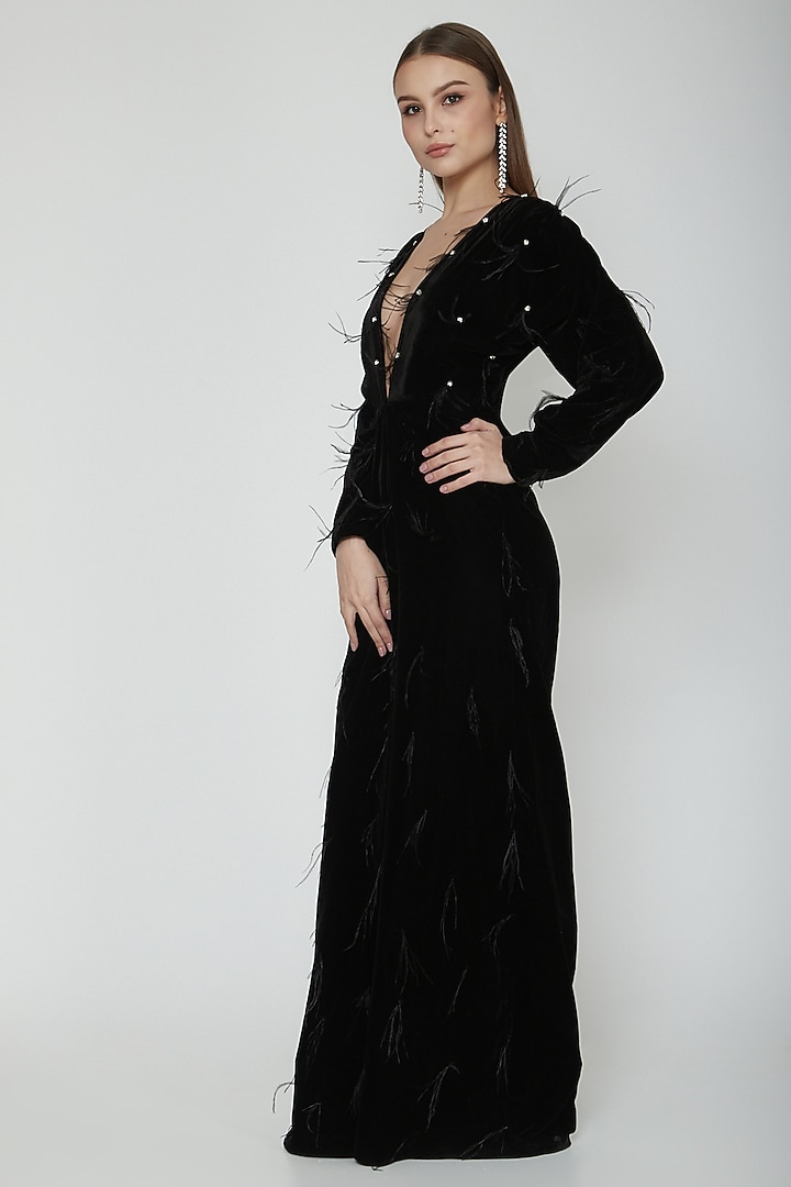 Black Feather Embellished Jumpsuit by Swatee Singh at Pernia's Pop Up Shop