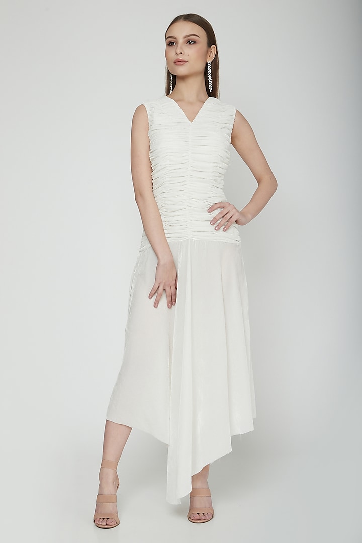 White Asymmetric Textured Dress by Swatee Singh