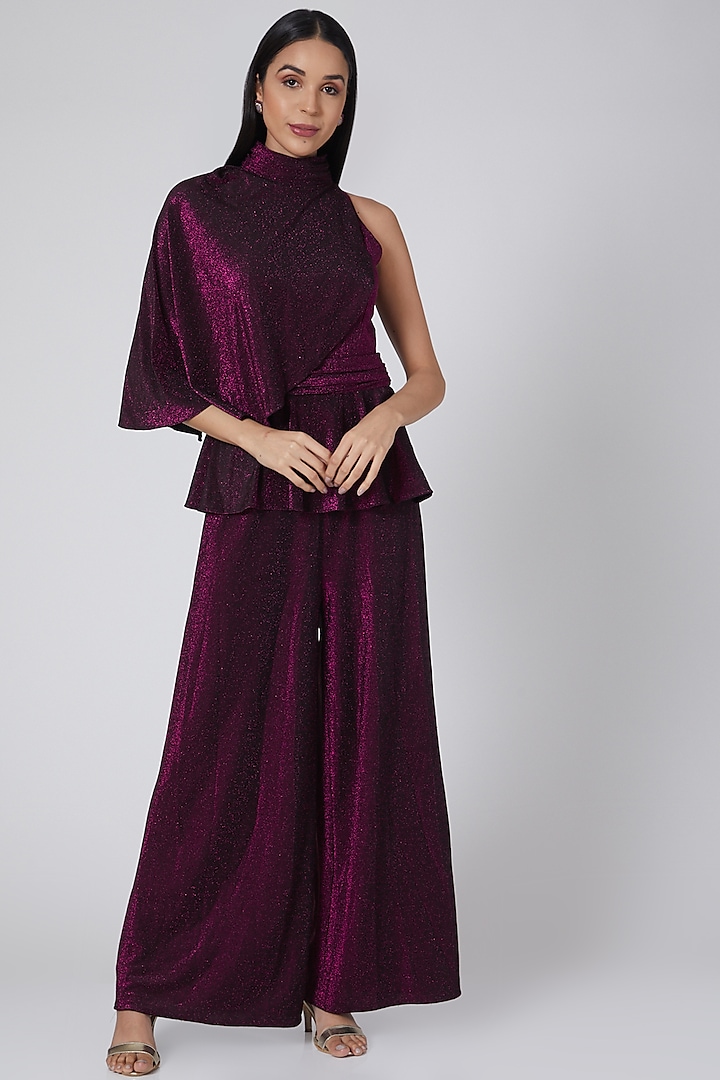 Wine Shimmer Jumpsuit With Cape by Swatee Singh