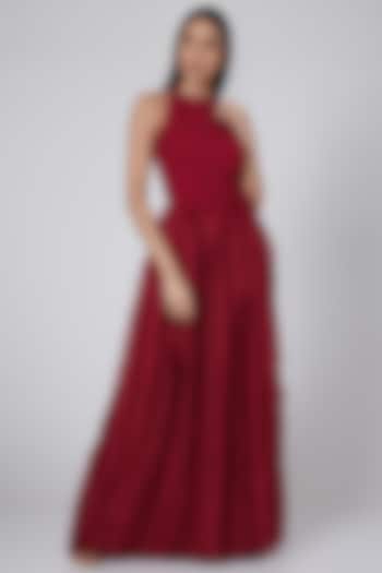 Red Pleated Fur Gown by Swatee Singh