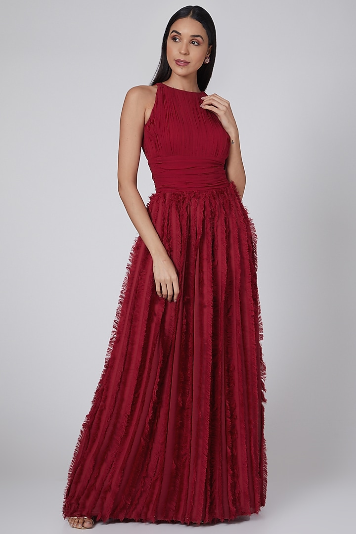 Red Pleated Fur Gown by Swatee Singh