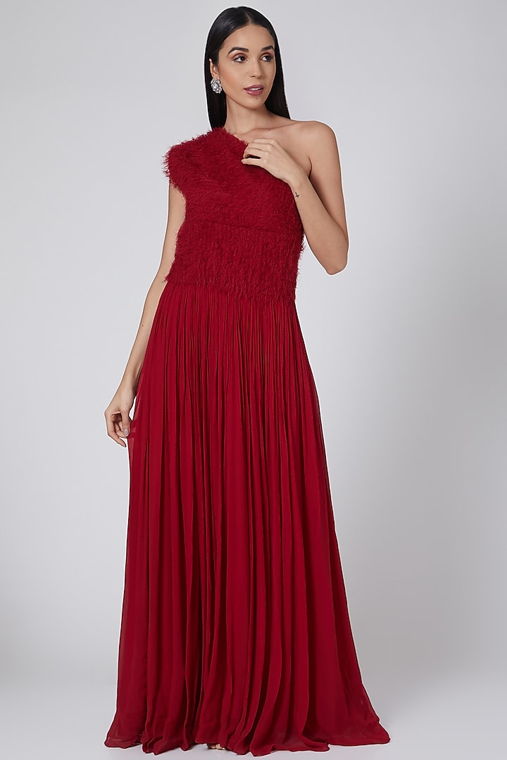 Red One Shoulder Gown by Swatee Singh