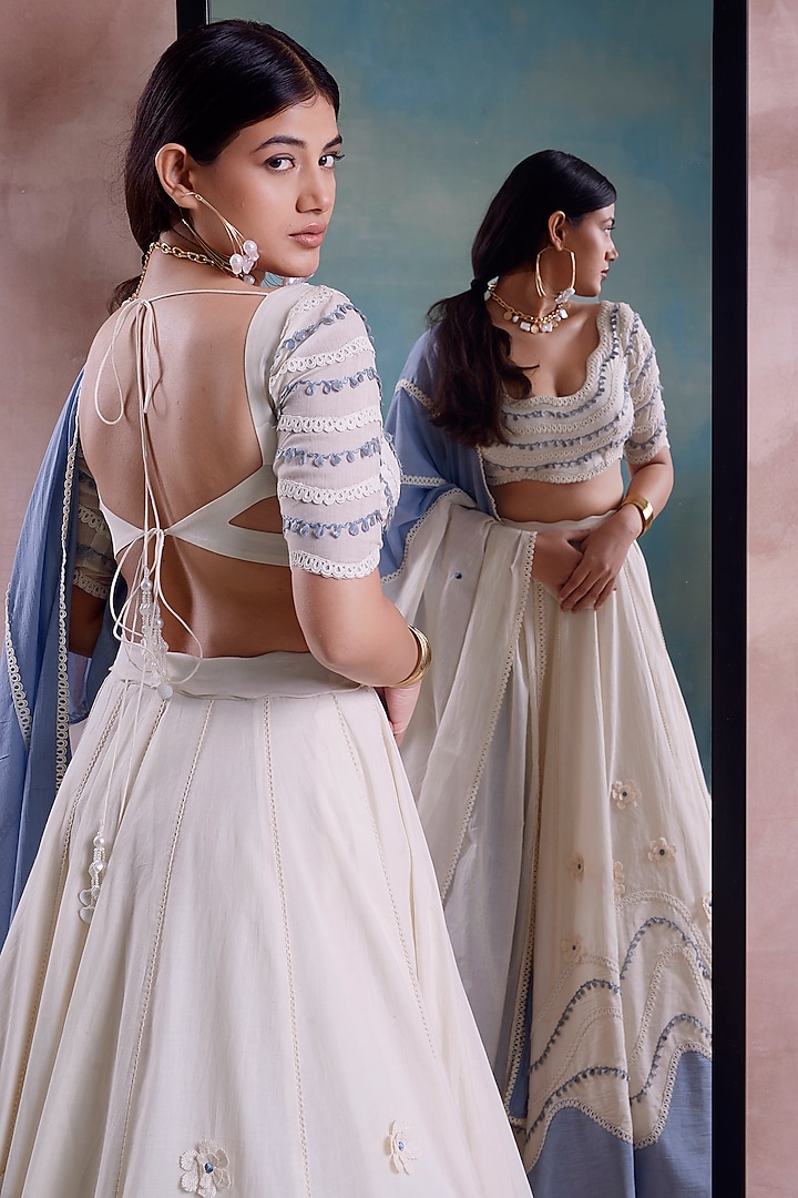Ivory Organic Cotton Wave Patchwork Wedding Lehenga Set by Shwetanga at Pernia's Pop Up Shop