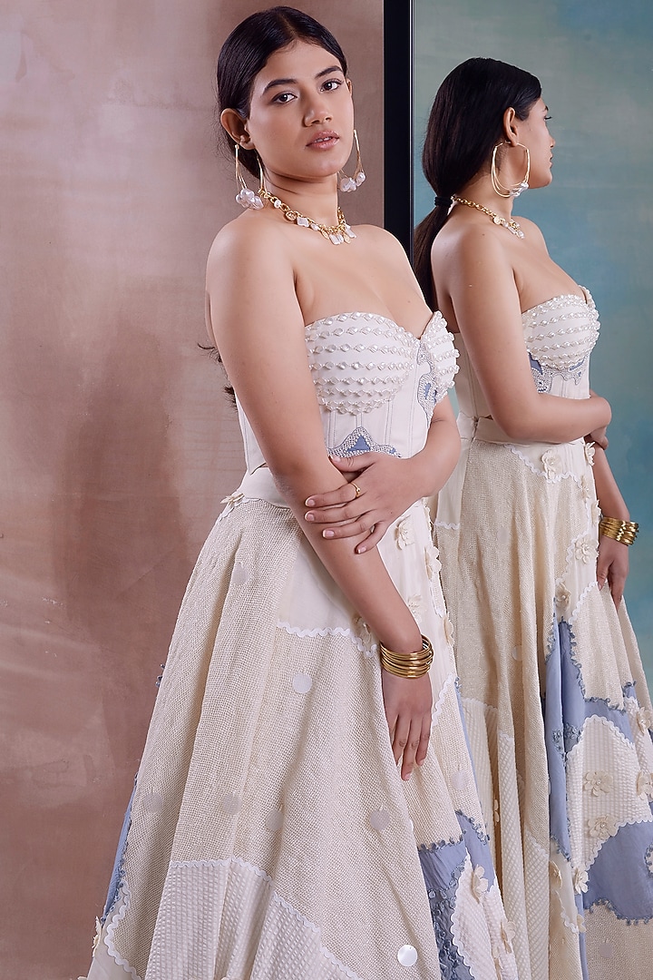 Ivory Organic Cotton Patchwork Wedding Lehenga Set by Shwetanga at Pernia's Pop Up Shop