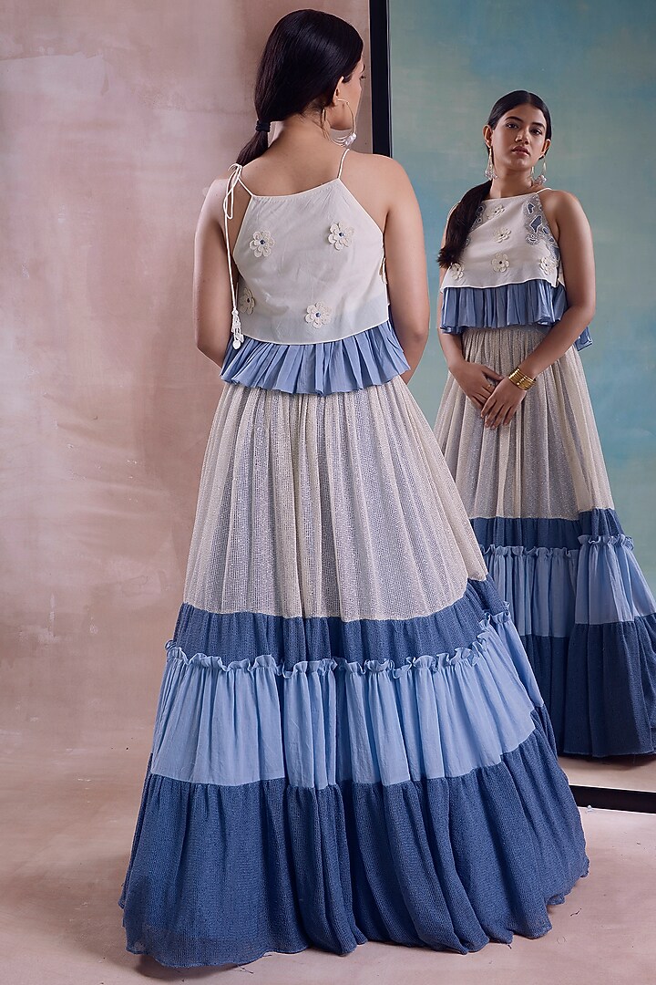 Ivory & Cerulean Organic Cotton Layered Frill Wedding Lehenga Set by Shwetanga at Pernia's Pop Up Shop