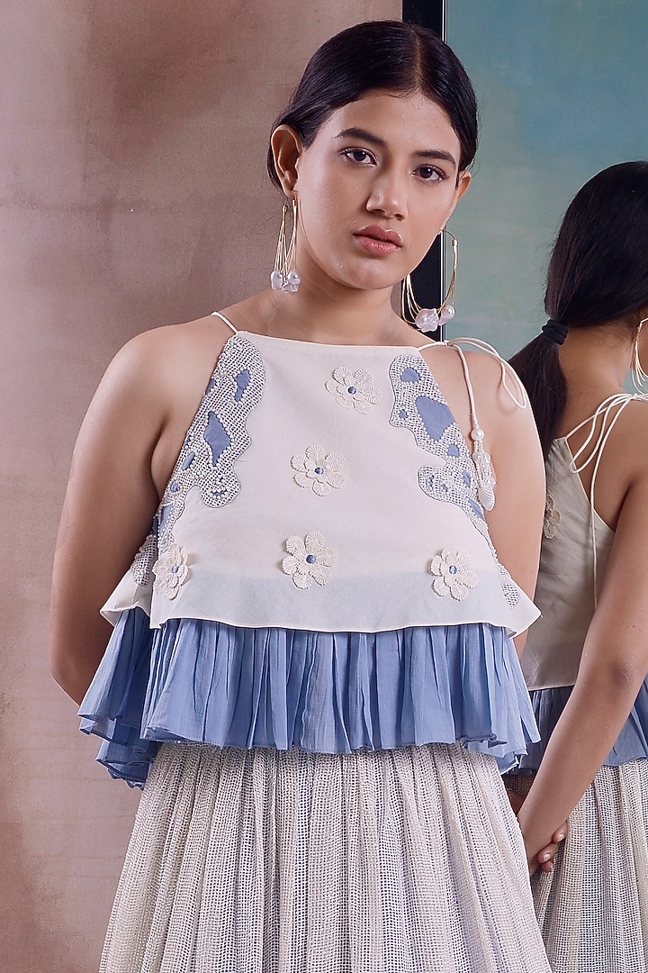 Ivory & Cerulean Organic Cotton Layered Frill Wedding Lehenga Set by Shwetanga at Pernia's Pop Up Shop