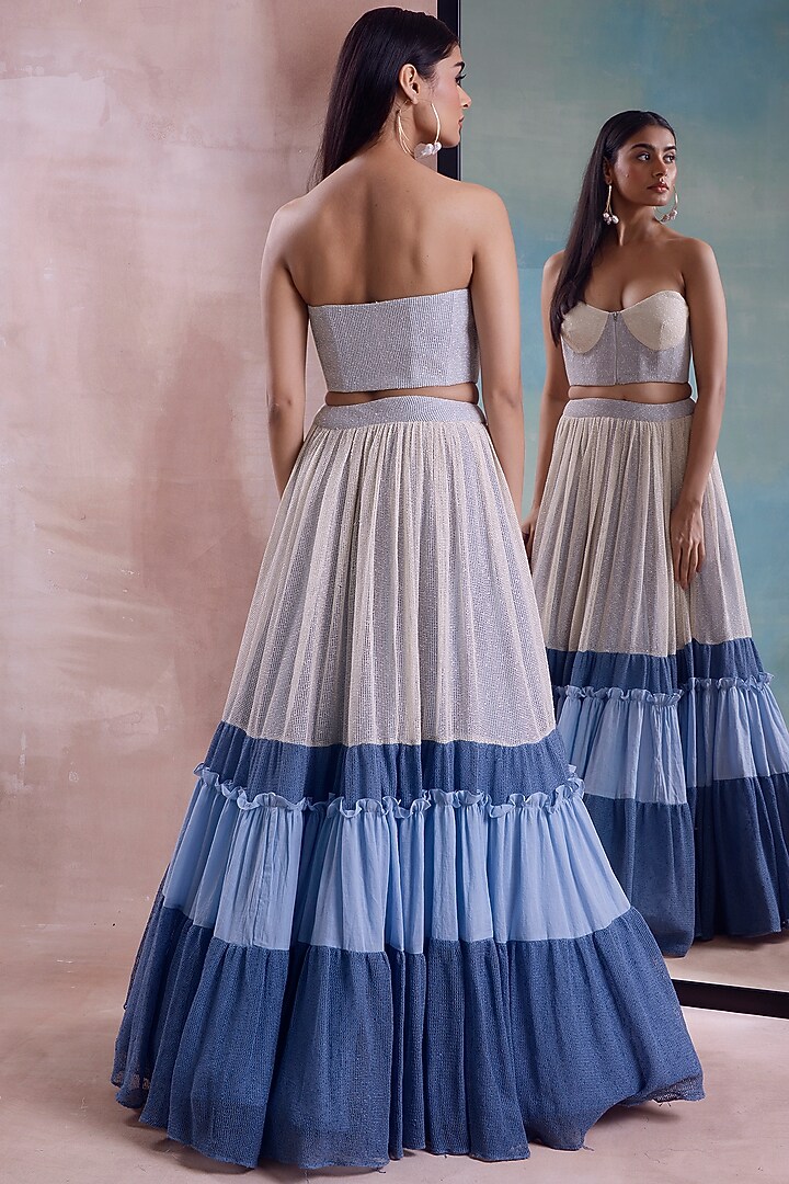 Ivory & Cerulean Organic Cotton Layered Frill Lehenga Set by Shwetanga at Pernia's Pop Up Shop