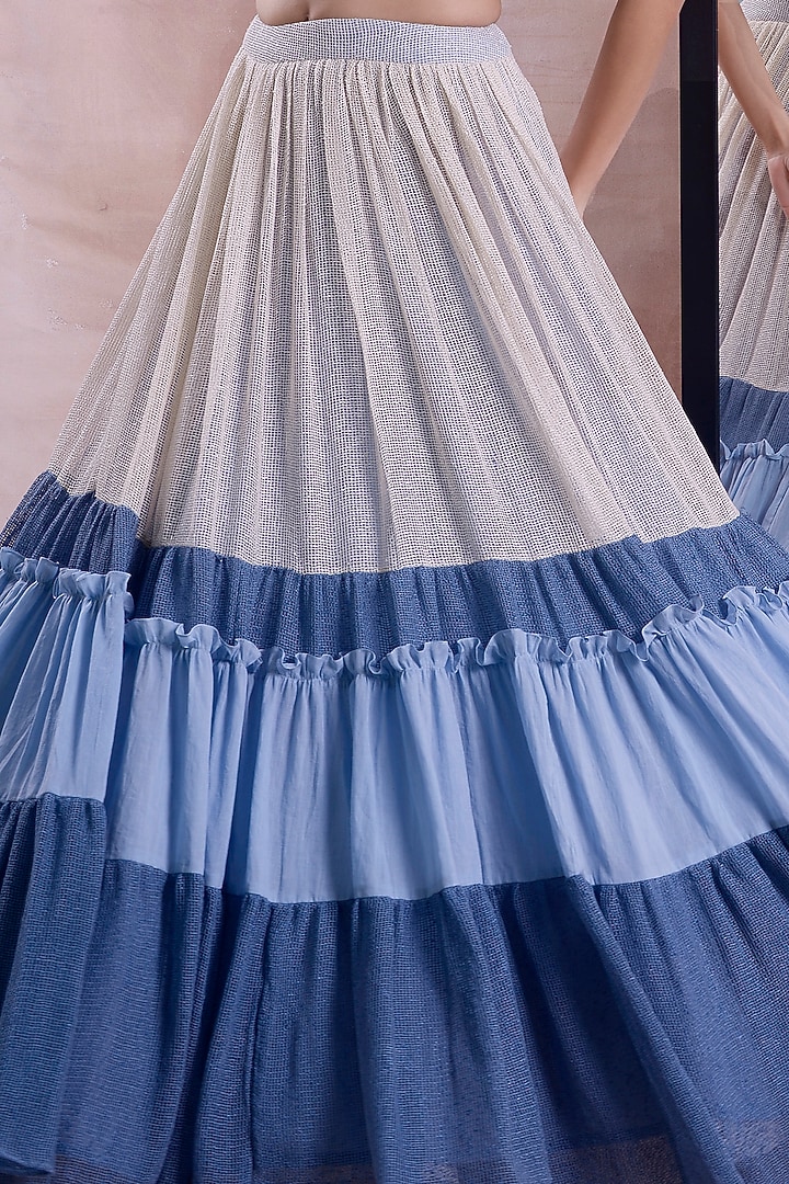 Ivory & Cerulean Organic Cotton Layered Frill Lehenga Set by Shwetanga at Pernia's Pop Up Shop