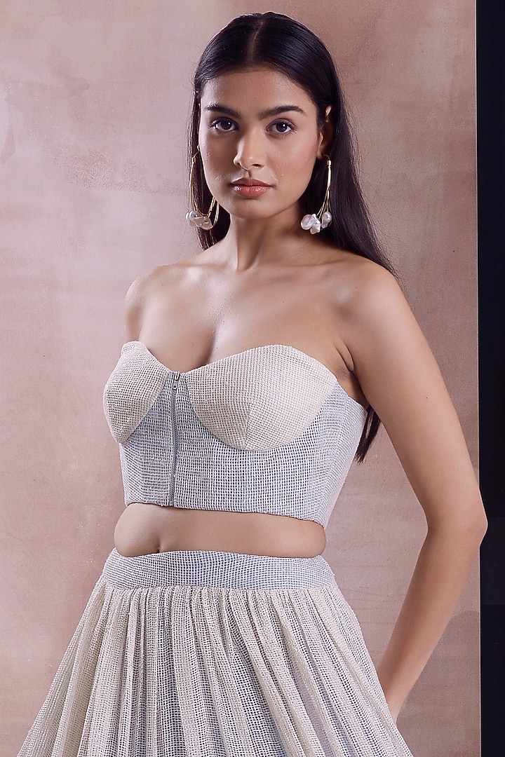 Ivory & Cerulean Organic Cotton Layered Frill Lehenga Set by Shwetanga at Pernia's Pop Up Shop
