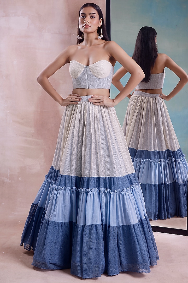 Ivory & Cerulean Organic Cotton Layered Frill Lehenga Set by Shwetanga at Pernia's Pop Up Shop