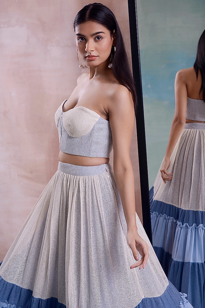 Ivory & Cerulean Organic Cotton Layered Frill Lehenga Set by Shwetanga at Pernia's Pop Up Shop