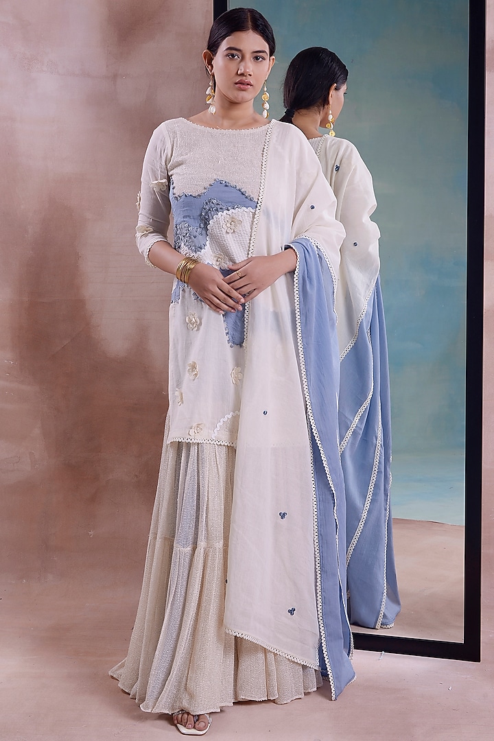 Ivory Mesh Tiered Party Wear Sharara Set by Shwetanga at Pernia's Pop Up Shop