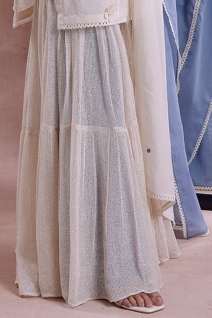 Ivory Mesh Tiered Party Wear Sharara Set by Shwetanga at Pernia's Pop Up Shop