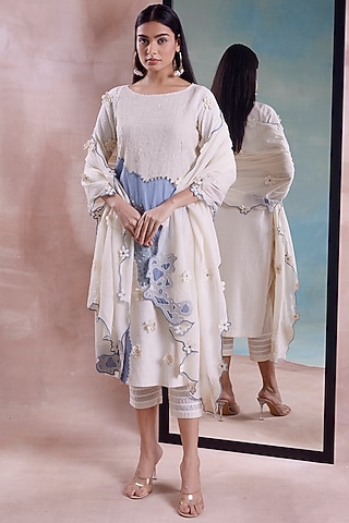 Ivory Organic Cotton Patchwork Straight Kurta Set by Shwetanga