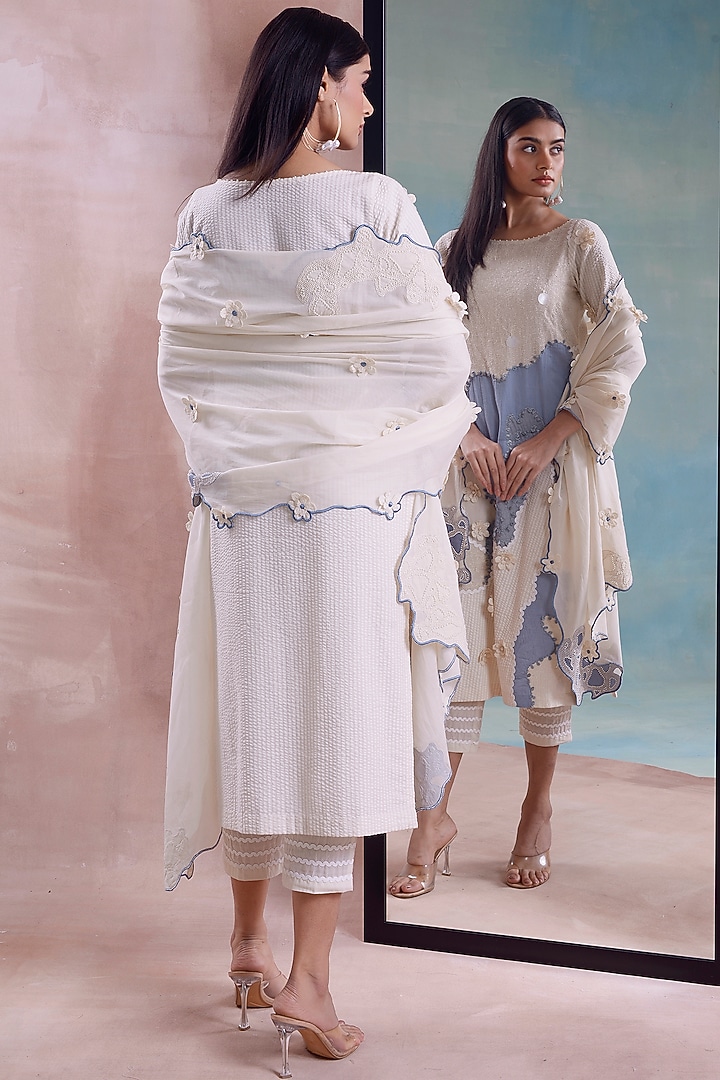 Ivory Organic Cotton Patchwork Straight Kurta Set by Shwetanga at Pernia's Pop Up Shop