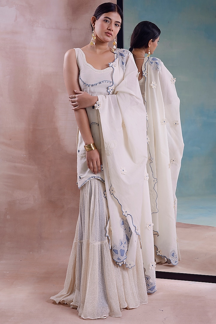 Ivory Mesh Tiered Party Wear Sharara Set by Shwetanga at Pernia's Pop Up Shop