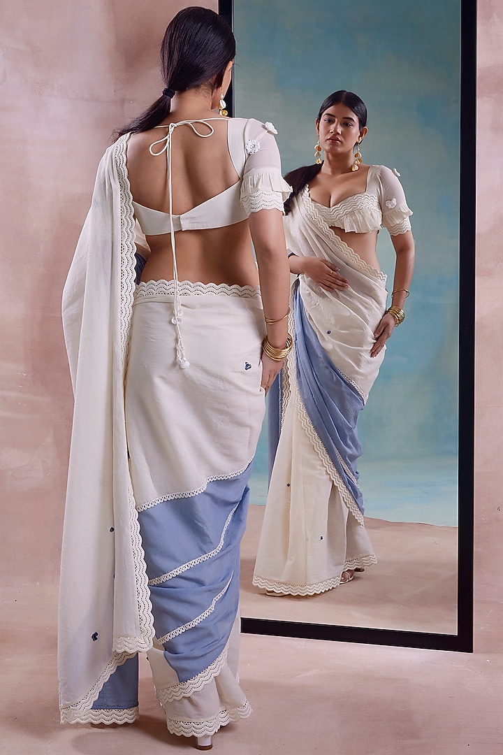 Ivory Organic Cotton Lace & Patchwork Party Wear Saree Set by Shwetanga at Pernia's Pop Up Shop
