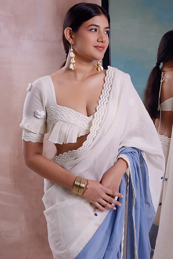 Ivory Organic Cotton Lace & Patchwork Party Wear Saree Set by Shwetanga at Pernia's Pop Up Shop