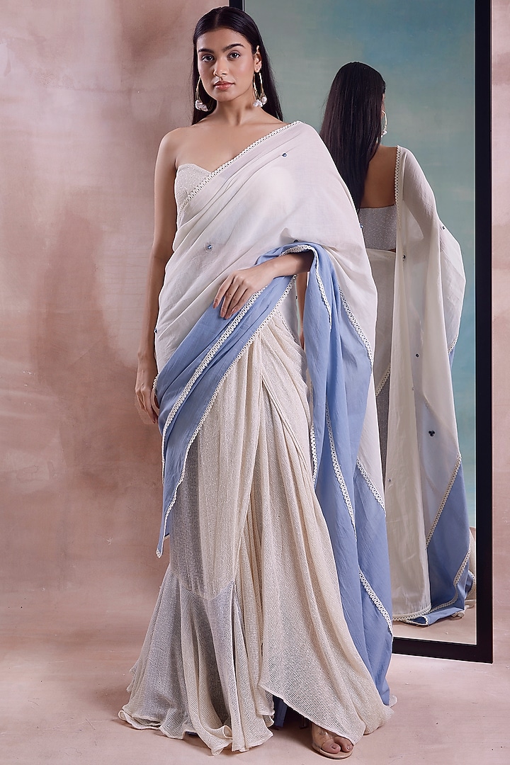 Ivory Mesh Half-N-Half Draped Skirt Saree Set by Shwetanga at Pernia's Pop Up Shop