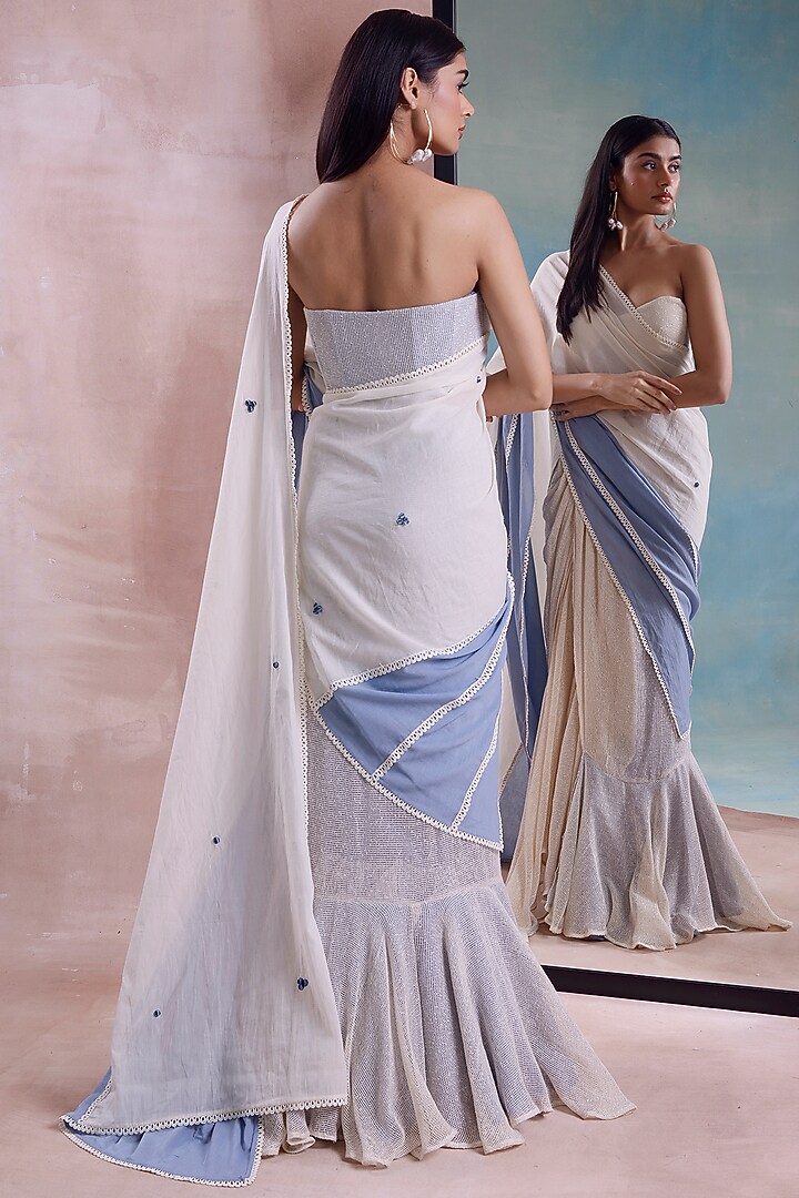 Ivory Mesh Half-N-Half Draped Skirt Party Wear Saree Set by Shwetanga at Pernia's Pop Up Shop