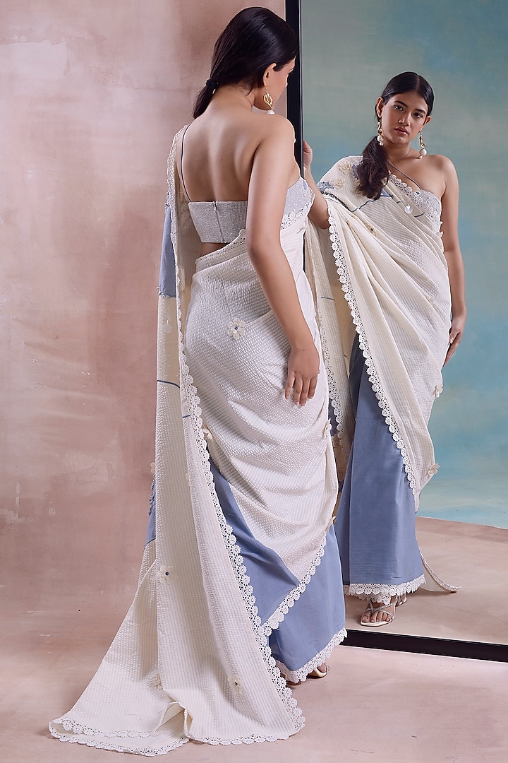 Ivory Organic Cotton Patchwork Party Wear Saree Set by Shwetanga at Pernia's Pop Up Shop